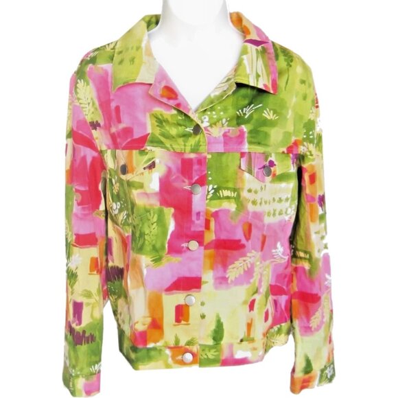 Catherine Stewart Sateen Jacket Size Large L Bright Pink Green Bellepoint Pastel - Picture 1 of 6
